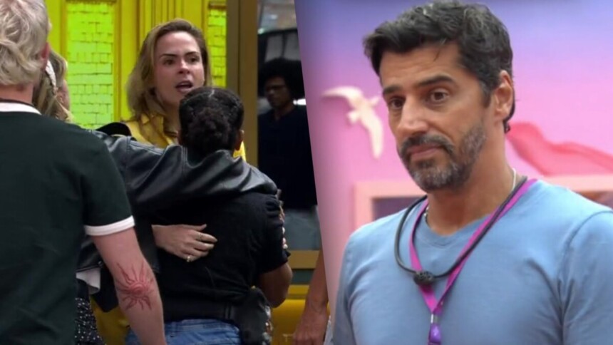 Ana Paula Renault, sendo contida por aliados, em montagem com Alberto Cowboy na treta do BBB 26