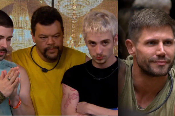Marcelo, Babu e Juliano olham para a câmera do confessionário após dizerem o nome de Jonas para o Paredão. Os três estão abraçados. Na sala do BBB 26 Jonas olha assustado