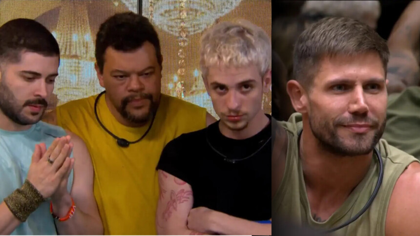 Marcelo, Babu e Juliano olham para a câmera do confessionário após dizerem o nome de Jonas para o Paredão. Os três estão abraçados. Na sala do BBB 26 Jonas olha assustado