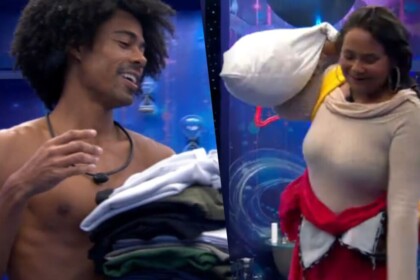 Breno e Chaiany em uma montagem na mudança de quarto do BBB 26, ambos com roupas na mão