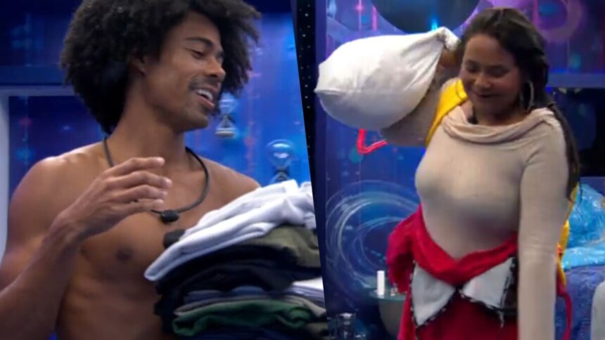 Breno e Chaiany em uma montagem na mudança de quarto do BBB 26, ambos com roupas na mão