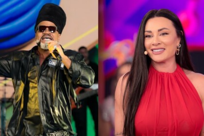 Carlinhos Brown e Juju Salimeni em uma montagem no Programa Silvio Santos