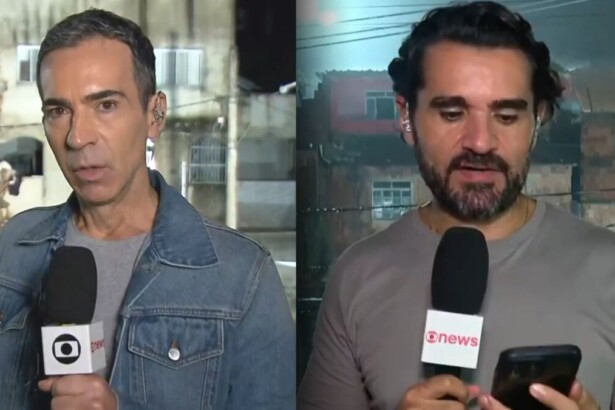 Cesar Tralli e Marcelo Cosme em montagem na cobertura jornalística em Juiz de Fora