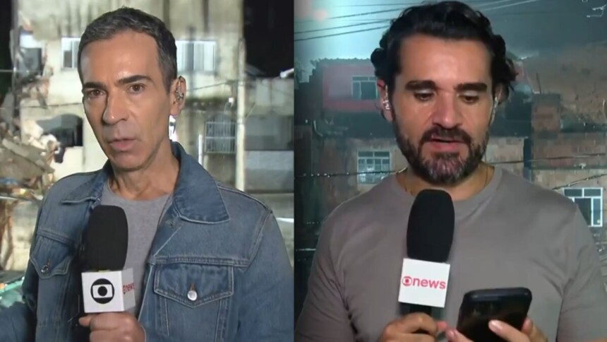 Cesar Tralli e Marcelo Cosme em montagem na cobertura jornalística em Juiz de Fora