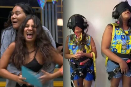 Gabriela e Chaiany felizes na sala do BBB 26 e em montagem vendadas na Sapucaí, em uma montagem