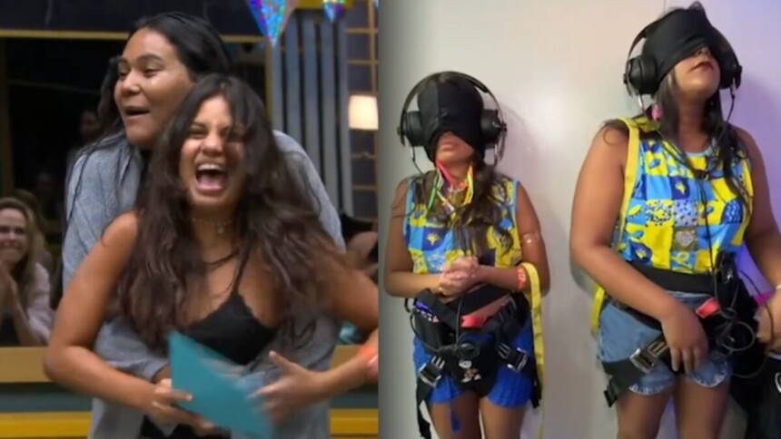 Gabriela e Chaiany felizes na sala do BBB 26 e em montagem vendadas na Sapucaí, em uma montagem