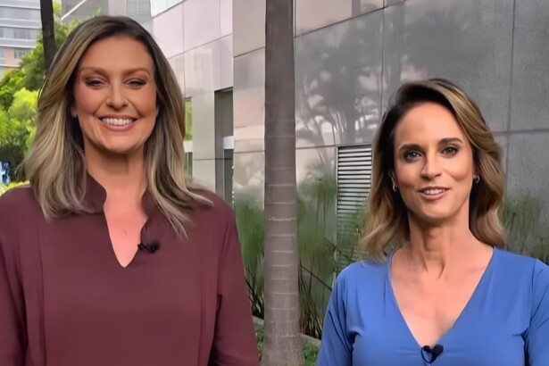 Cristina Vieira ao lado de Helen Araújo gravando a chamada do Globo Rural na área externa da TV Globo