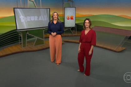 Cristina Vieira e Helen Martins caminham no cenário do Globo Rural