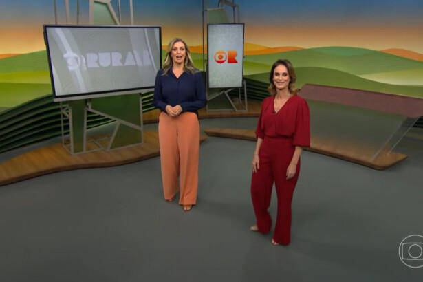 Cristina Vieira e Helen Martins caminham no cenário do Globo Rural