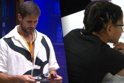 Jonas, em pé na sala, em montagem com Milena, apoiada em um grande livro na dinâmica do Barrado no Baile, do BBB 26