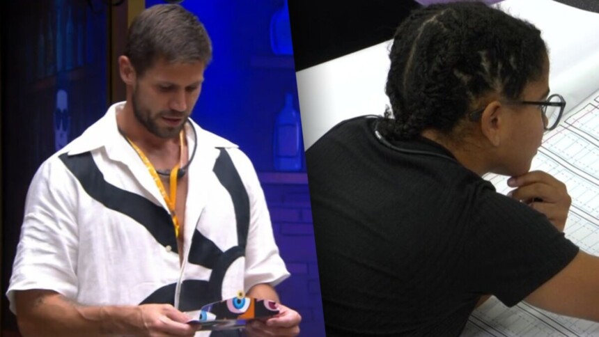 Jonas, em pé na sala, em montagem com Milena, apoiada em um grande livro na dinâmica do Barrado no Baile, do BBB 26