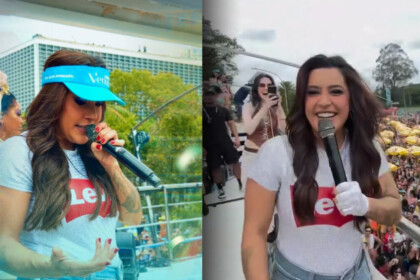 Lauana Prado segura o microfone em cima de um trio elétrico