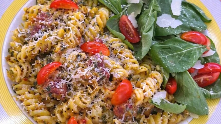 Macarrão cremoso com carne-seca e abóbora em trecho de Receita do Mais Você