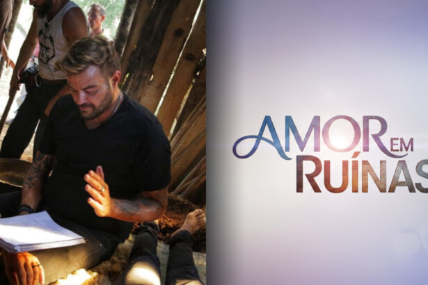 Davi Lacerda olha um roteiro dividindo tela em uma montagem com o logo de Amor em Ruínas