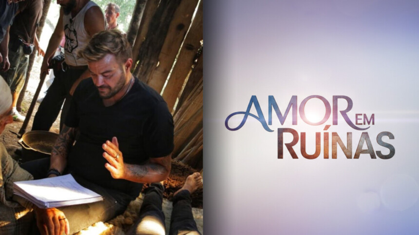 Davi Lacerda olha um roteiro dividindo tela em uma montagem com o logo de Amor em Ruínas