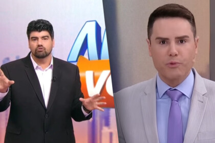 André Azeredo divide tela com Luiz Bacci, ambos estão no estúdio do Alô Você no SBT