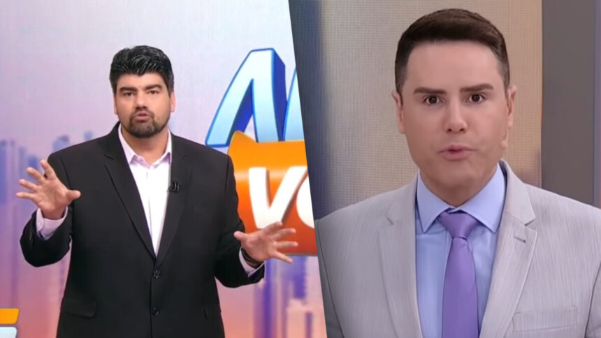 André Azeredo divide tela com Luiz Bacci, ambos estão no estúdio do Alô Você no SBT