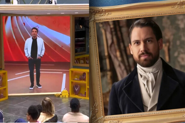 Tadeu Schmidt no telão da sala do BBB 26 dividindo tela com Brigido numa montagem da série Bridgerton