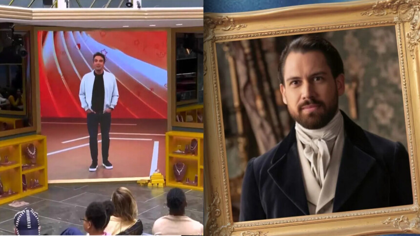 Tadeu Schmidt no telão da sala do BBB 26 dividindo tela com Brigido numa montagem da série Bridgerton