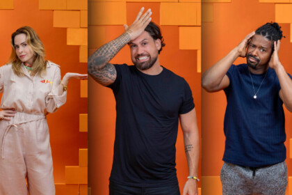 Ana Paula, Brigido e Leandro em arte do Paredão do BBB 26