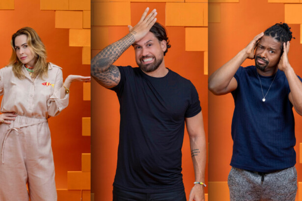 Ana Paula, Brigido e Leandro em arte do Paredão do BBB 26