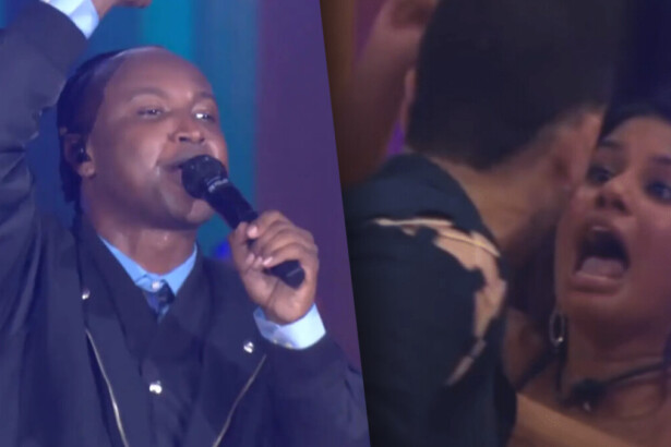 Thiaguinho segura microfone enquanto hora na festa do BBB 26 dividindo tela com Marcelo e Gabriela brigando feio