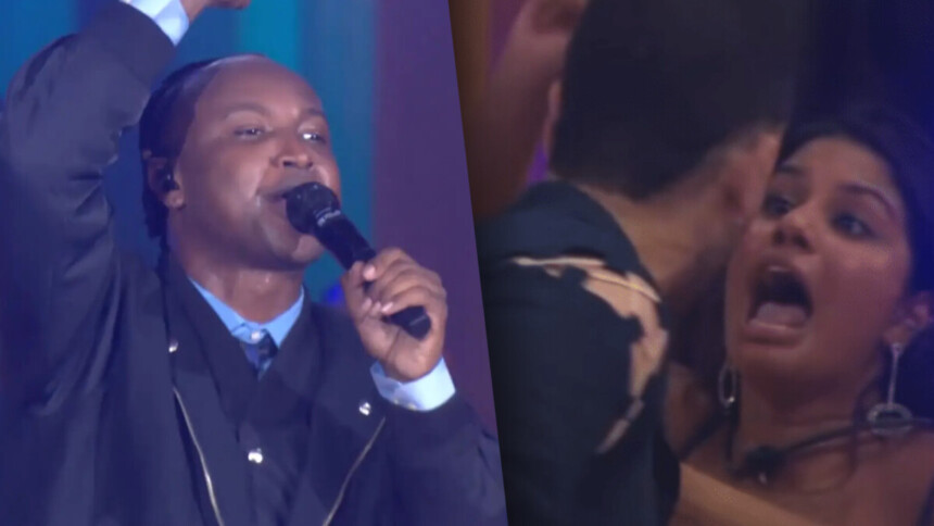 Thiaguinho segura microfone enquanto hora na festa do BBB 26 dividindo tela com Marcelo e Gabriela brigando feio