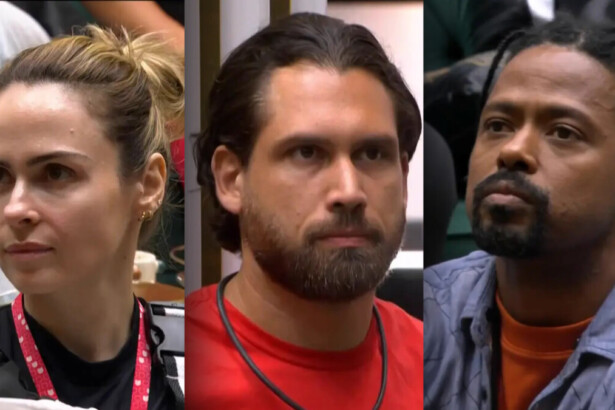 Ana Paula Renault, Brigido e Leandro sentados na sala do BBB 26 olham com semblante sério para Tadeu Schmidt