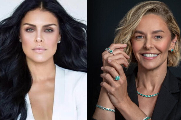 Paloma Bernardi de blusa branca divide tela com Bianca Rinaldi de terno preto, estrelas do Domingo Legal