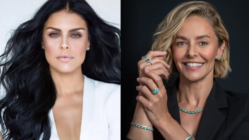 Paloma Bernardi de blusa branca divide tela com Bianca Rinaldi de terno preto, estrelas do Domingo Legal