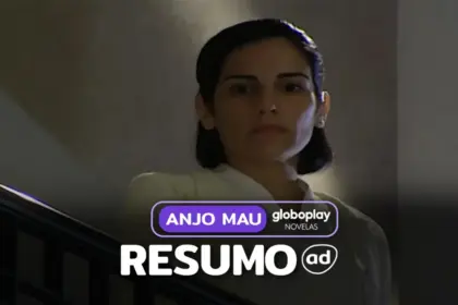Nice olha da saca em cena da novela Anjo Mau como fundo de um design gráfico para o resumo de Anjo Mau