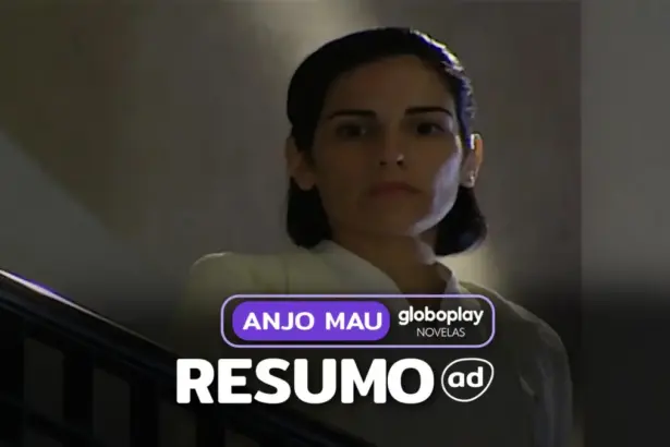 Nice olha da saca em cena da novela Anjo Mau como fundo de um design gráfico para o resumo de Anjo Mau