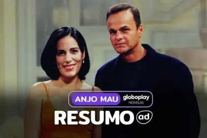 Protagonistas lado a lado em uma sala de jantar como fundo de um design gráfico para o resumo de Anjo Mau