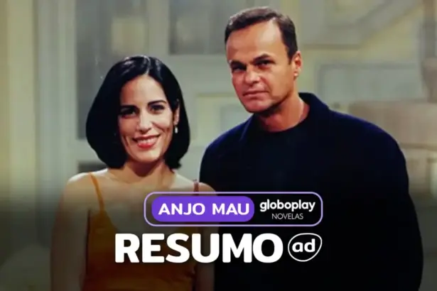 Protagonistas lado a lado em uma sala de jantar como fundo de um design gráfico para o resumo de Anjo Mau
