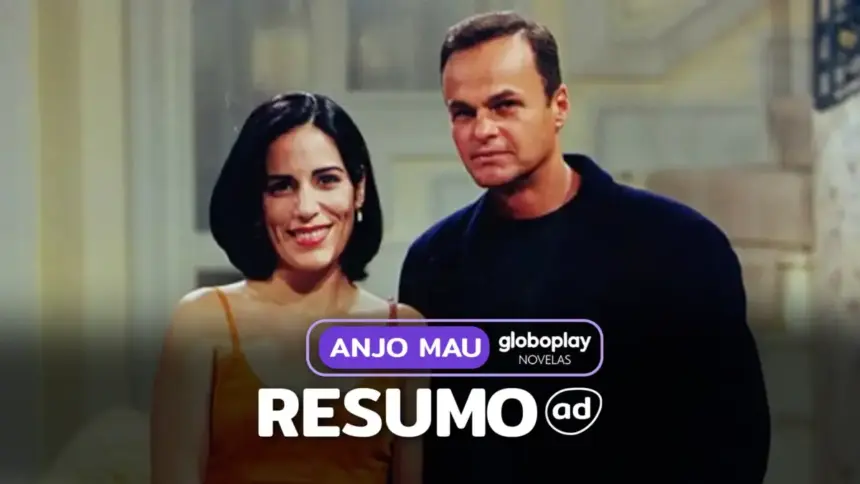 Protagonistas lado a lado em uma sala de jantar como fundo de um design gráfico para o resumo de Anjo Mau