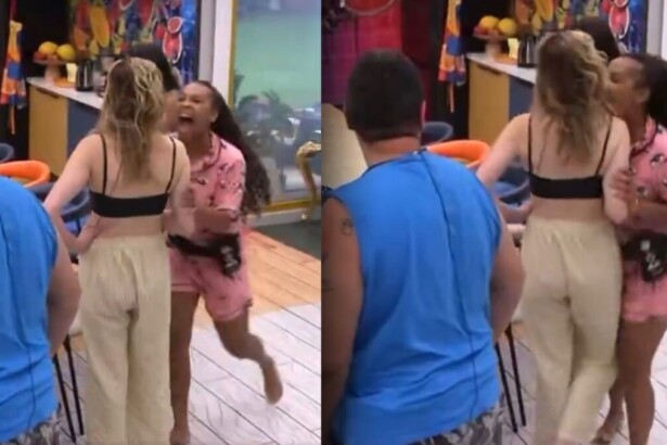 Sol Vega partindo pra cima e pegando nos braços de Ana Paula no BBB 26