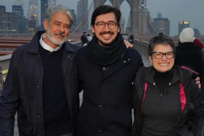 William Bonner, Nilson Klava e Sandra Annenberg em Nova York, nos bastidores de gravação do Globo Repórter
