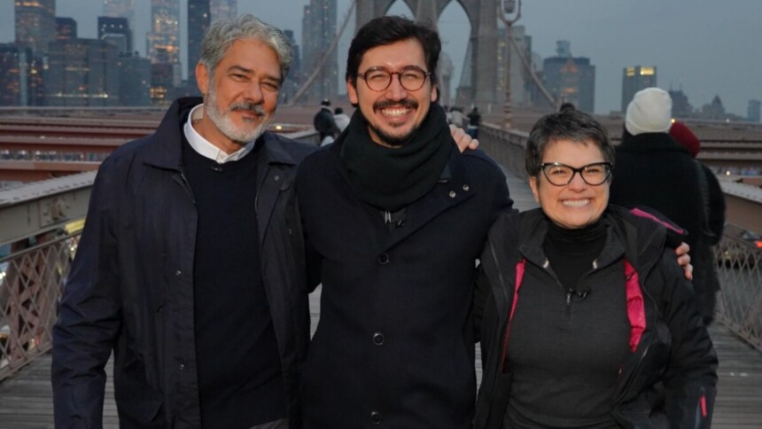 William Bonner, Nilson Klava e Sandra Annenberg em Nova York, nos bastidores de gravação do Globo Repórter