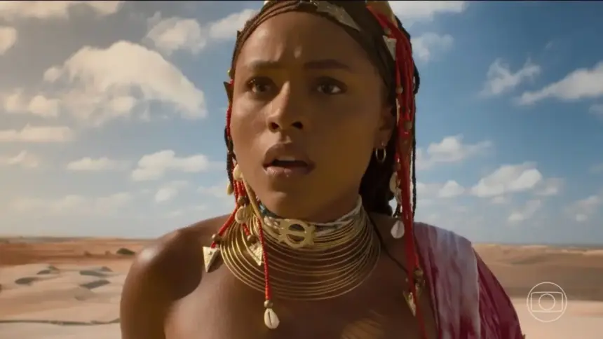 Alika (Duda Santos) assustada no deserto em cena da estreia de A Nobreza do Amor
