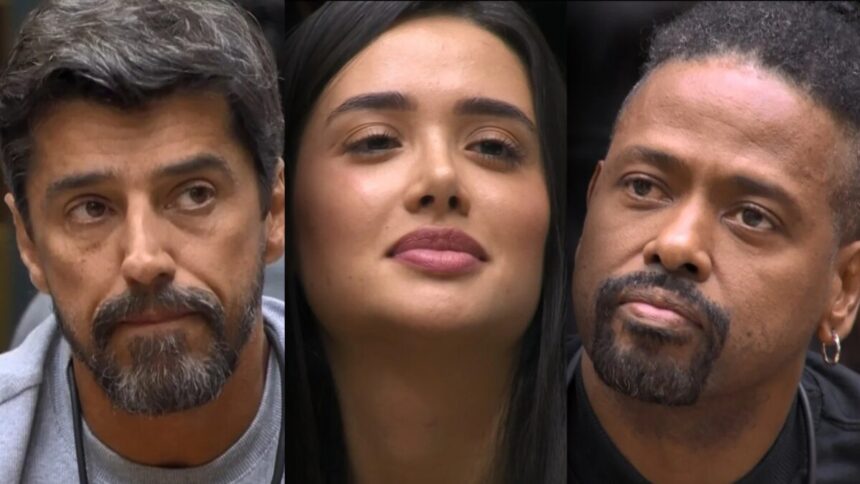 Alberto Cowboy, Jordana e Leandro Boneco dividem tela na sala do BBB 26. Ambos estão apreensivos