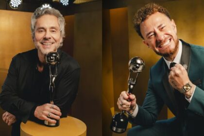 Alexandre Nero e Fred Bruno, em uma montagem, com o troféu do Melhores do Ano 2025