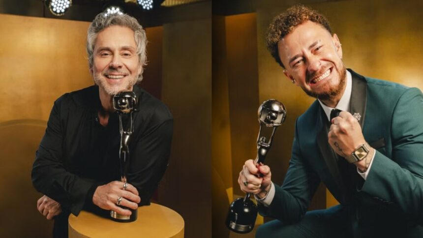 Alexandre Nero e Fred Bruno, em uma montagem, com o troféu do Melhores do Ano 2025