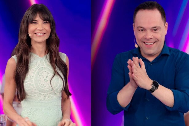 Amanda Klein e Thiago Gardinali, em uma montagem, no Programa Silvio Santos