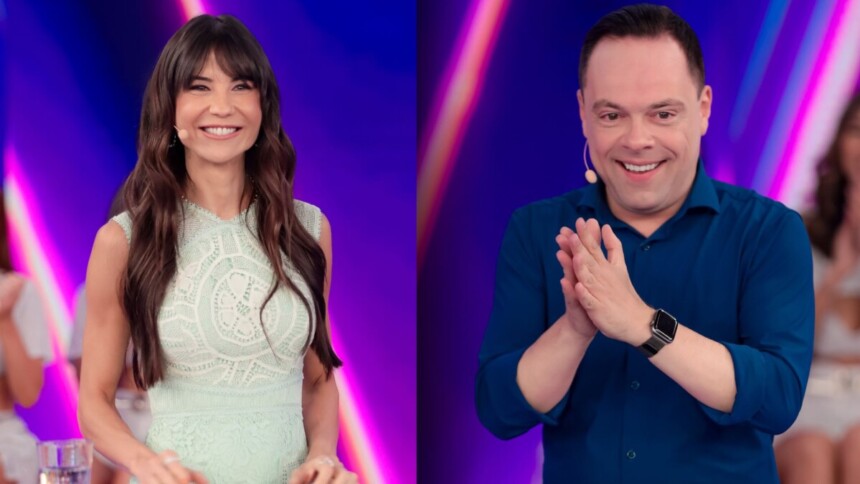Amanda Klein e Thiago Gardinali, em uma montagem, no Programa Silvio Santos
