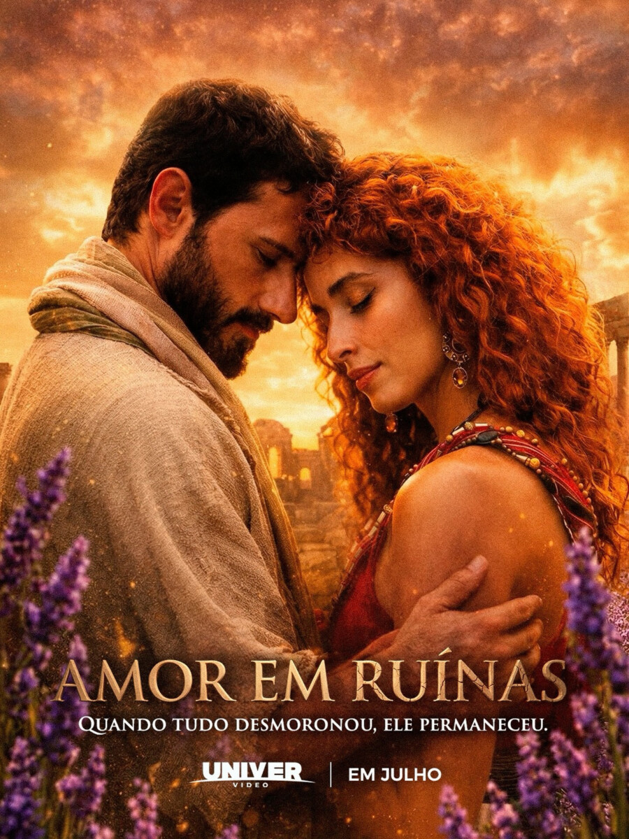 Murilo Cezar como Oseias e Gomer como Letícia Laranja se olhando no poster de Amor em Ruínas