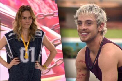 Ana Paula Renault com as mãos apoiadas olhando para Juliano Floss que sorrir no gramado do BBB 26 na definição do VIP