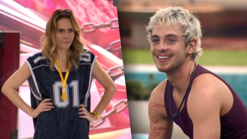 Ana Paula Renault com as mãos apoiadas olhando para Juliano Floss que sorrir no gramado do BBB 26 na definição do VIP