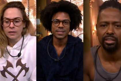 Ana Paula Renault, Breno e Leandro em uma montagem no confessionário do BBB 26