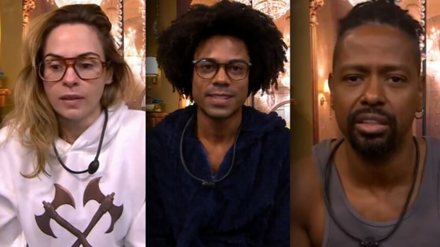 Ana Paula Renault, Breno e Leandro em uma montagem no confessionário do BBB 26