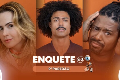 Ana Paula Renault, Breno e Leandro em uma montagem na arte de enquete do paredão no BBB 26